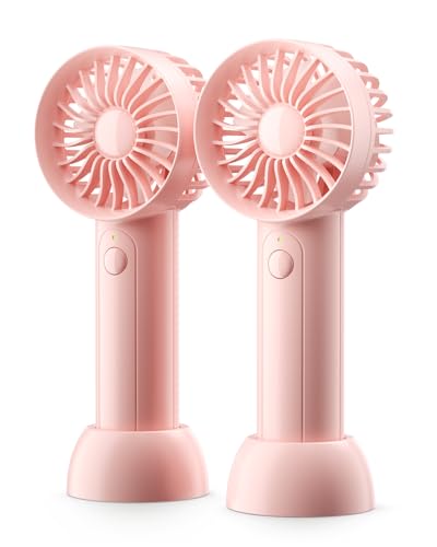 coldSky Portable Mini 2-Pack Handheld Fans with Base - USB Rechargeable Dual Desktop Fan, Ultra Quiet Personal Cooling for Women/Kids, Gift-Ready (Pink, ABS, Travel/Outdoor)
