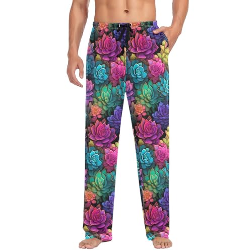Men's Colorful Succulents Pajama Pants with Pockets - Straight Fit Cotton Sleep Bottoms for Lounge & Nightwear#784