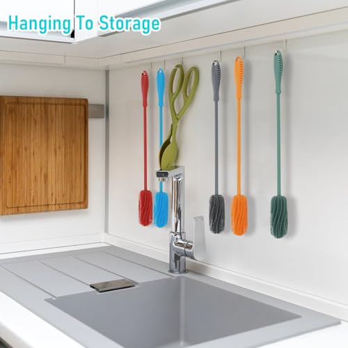 Image of 15.7 inch Silicone Bottle Brush, ddLUCK Water Bottle Cleaner Brush for Stanley, Hydroflasks, Glass, Thermos Sports Bottle, Vase and Glassware, Bottle Brush Cleaner for Narrow Neck Containers (Orange)