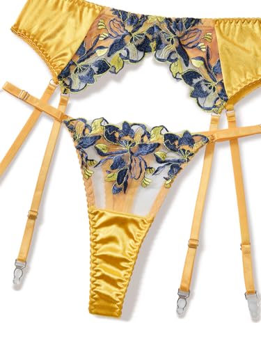 Image of Lilosy Sexy Leaf Floral Embroidered Mesh Sheer Women Underwire Push Up Lingerie Set