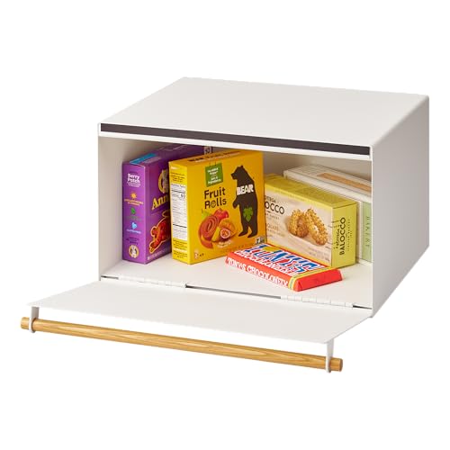 YAMAZAKI Home Modern Bread Box Steel + Wood Countertop Bread Storage Container, Large White Bread Box for Kitchen Countertop, Space-Saving Bread Keeper, Easy Access Lid