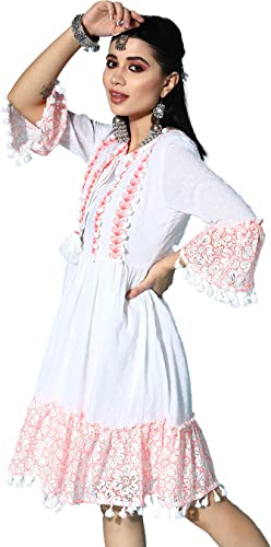 Image of ishin Women's Cotton Embroidered A-Line Knee Length Dress