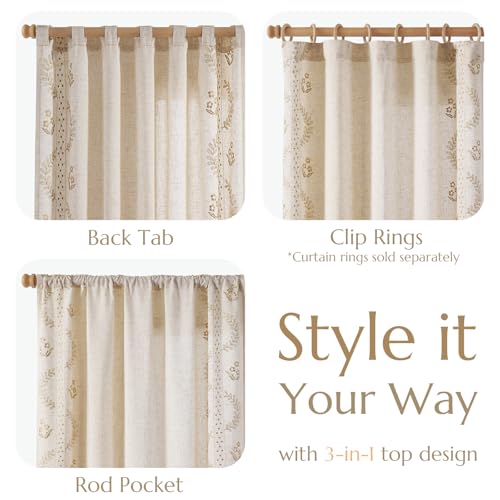 Jinchan DYMBT-BBSH-5063C00 Linen Curtains Floral Curtains For Bedroom Boho Curtains 63 Inch Length Beige Embroidered Curtains Rod Pocket Back Tab Farmhouse Flower Patterned Drapes Living Room Window Curtain Set 2 Panels thumb #4