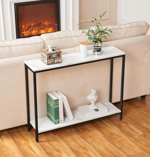 Image of Metal Frame 2-Tier Premium Entryway Table for Living Room, Hallway & Bedroom | Modern Narrow Sofa Console Table for Home & Office Decor | Sturdy & Stylish Accent Table (Black White)