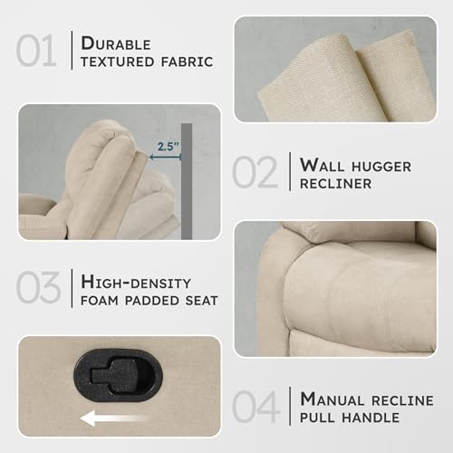 Lexicon Manual Recliner Sofa Chair, Home Theater Seating, Wall Hugger Manual Reclining Nursery Chair for Bedroom/Living Room/Office/Apartment, Oatmeal Textured Fabric - Image 4