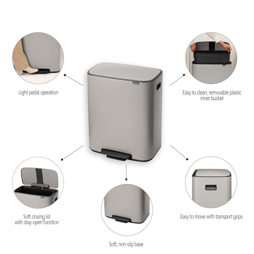 Image of Brabantia Bo Pedal Bin 15.9 Gallon /60L (Soft Gray), Soft-Closing Kitchen Garbage Can, Step-On Trash Can with Removable Inner Bucket, PerfectFit Trash Bag Pack Included