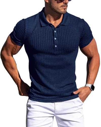 Collared Muscle Polo Shirts Men Slim Fit Textured Knit Polo Shirts Short Sleeve Button Down Shirts Casual Stylish, Navy, X-Large