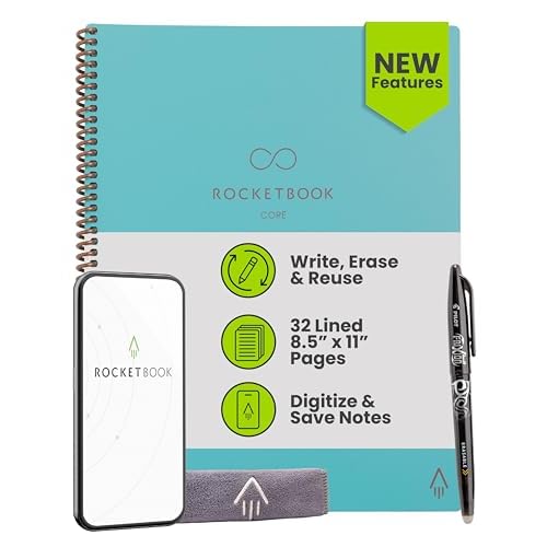 Rocketbook New Core Reusable Spiral Notebook, Letter Size 8.5×11, Teal – Lined Pages, App-Connected, Erasable, Durable Cover, Ideal for School, Work, and Creative Projects