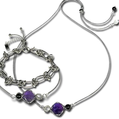 Rocks2Rings Amethyst Necklace Bracelet with Black Tourmaline | Moonstone Jewelry | I Am Enough Collection (Silver 3pc Bundle)