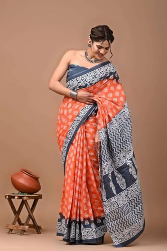 Image of Hand Block Printed Cotton Mulmul Saree | Soft Lightweight Summer Saree | Pure Cotton Traditional Indian Saree for Women