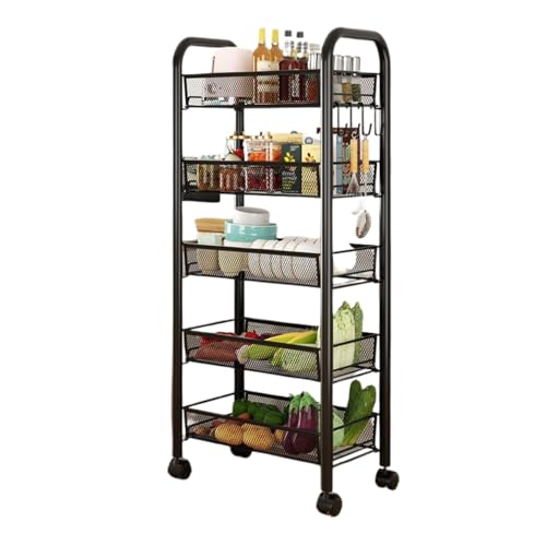 LUTODY - Carro de Almacenamiento, Varios Niveles, Organizador metálico con Ruedas, Carrito Auxiliar móvil Compacto, Verdulero, Frutero, Multiuso para Cocina (Negro, 5 estantes)