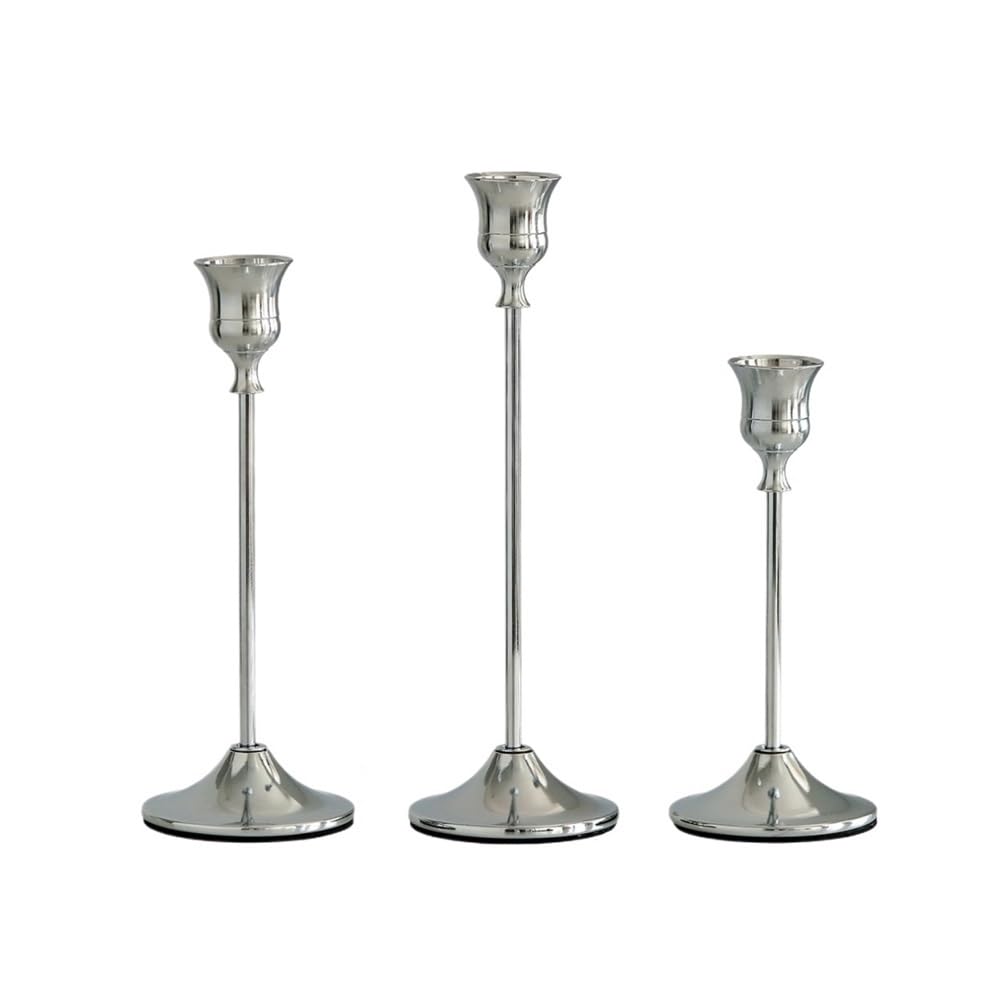 Candle Holder 3-Piece Set Wrought Iron Electroplated Candlesticks, Metal Decorative Ornaments, Wedding Decorations(Silver)