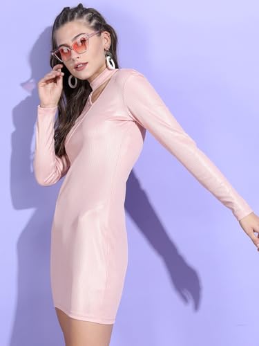 Image of Tokyo Talkies Women Pink Asymmetric Cutout Shoulder Mini Dress