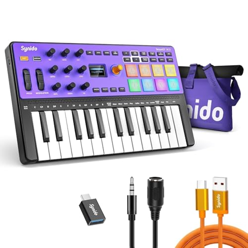 Synido Wireless 25 Keys USB MIDI Keyboard Controller Rechargeable with 8 Drum Pads, OLED Screen...