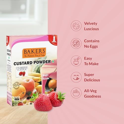 Image of BAKERS Custard Powder | Strawberry Flavor | (100g x 6, 600g) | Contains No Eggs | Long Shelf Life | Makes Smooth, Creamy, Testy & Juicy Custard | Quick & Easy to Make |Best For Fruit Salads & Puddings