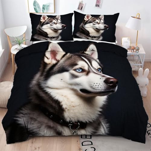 Gumntun Funda Nórdica 135 x 200 cm Husky Siberiano Gris, 3D Impresión Fundas de Edredón con Cierre de Cremallera, 3 Piezas Microfibra Suave Juego de Ropa de Cama, 2 Funda de Almohada 50x75 cm_1853a