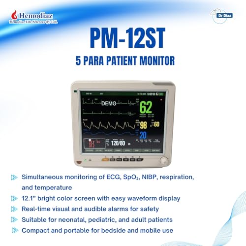 Image of Dr Diaz 5 Para Patient Monitor PM12ST | ECG, SpO2, NIBP, Respiration, Temperature | 12.1 Inch Real-Time Alarms | Suitable for neonatal, pediatric, and adult patients | 4hrs Battery Backup 1yr warranty
