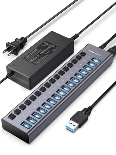 ACASIS Hub USB Alimenté 16 Ports, Hub USB 3.2 10Gbps avec Interrupteurs Individuels, Adaptateur d'alimentation 96W, Boîtier Aluminium, Multi Hub USB pour PC,...
