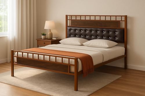 Image of Orvo Metal Queen Size Bed Without Storage | Wrought Iron Double Bed with Headboard & Footboard | Sturdy Powder Coated Platform Bed Queen Size Cot for BedroomLivingRoom Brown (75x60)