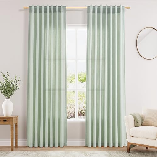 Nanspring Aqua Green Linen Curtains 84 Inch Length 2 Panels Set for Living Room Rod Pocket Back Tab Light Filtering Window Drapes for Bedroom Dining Room Protect Privacy Modern Farmhouse Decor 52x84