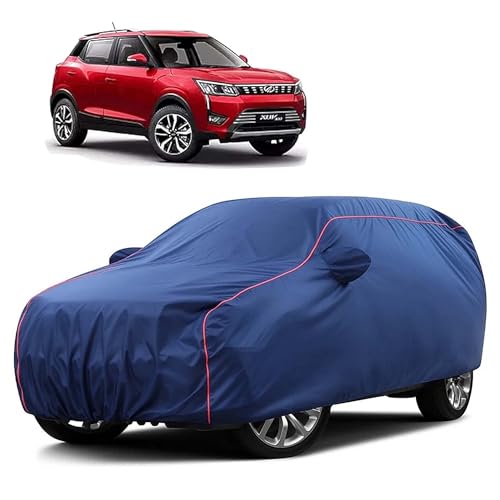 Image of Sulfar 100% Water Resistant Car Body Cover Compatible with Mirror for Mahindra XUV 300 (Triple Stitched, Full Bottom Elastic, Blue Taffeta with Red Piping)