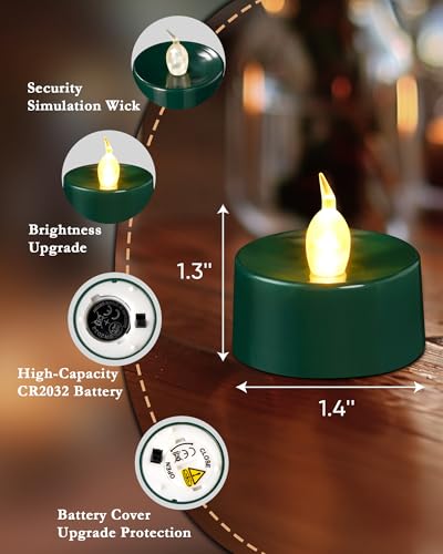 Image of merrynights Green LED Candles, 24 Pack Tea Lights Candles Battery Operated, Flameless Tealight Candle, Realistic Tea Lights for Halloween Christmas Party Decor Mardi Gras