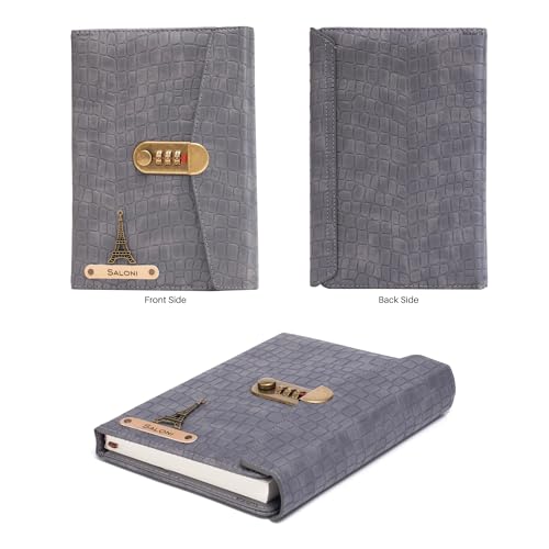 Image of AICA Personalized Name & Charm Leather Lock (Grey) Diary � A5 Size 230 Pages with Combination Lock for Men & Women | Customized Planner Diary College Birthday Gift for Teens Teenager Best Friends