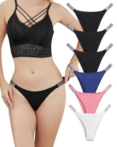 SECRET AROMA Bragas sexys para Mujer, Tangas con Letras y Diamantes de imitación, Tanga de Tiro bajo, Ropa Interior elástica, Paquete múltiple de 6, Tallas S-XL
