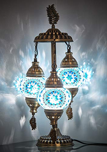 DEMMEX 3 Globes Turkish Moroccan Mosaic Bohemian Table Desk Bedside Night Lamp Light Lampshade, Exotic Oriental Colorful Mosaic Glasses Table Lamp, Antique Brass Color Metal Body, Handmade, 21