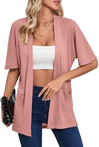 Image of Iandroiy Women's Lightweight Open Front Cardigans Casual Short Sleeve Blouse Tops