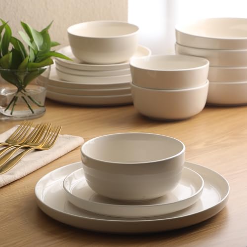 Image of Gibson Home Serenity 16 Piece Modern Porcelain Dinnerware Set for 4, Linen White Plates and Bowls Set, Dinner Plates, Salad Plates, Pasta Bowls, Cereal Bowls
