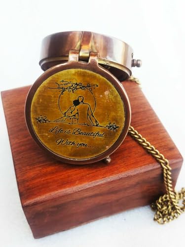 Brújula Vintage Personalizada Bronce con Caja de Madera, Frase 'La Vida es Bella', Regalo Romántico Grabado miniatura 3