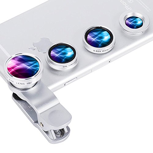 Evershop Universal 4 in 1 iPhone Camera Lens Kit Clip on Fish Eye Lens + 2 in 1 Macro Lens + Wide Angle Lens + CPL Lens Camera Lens Kit for Smart Phones (Silver)