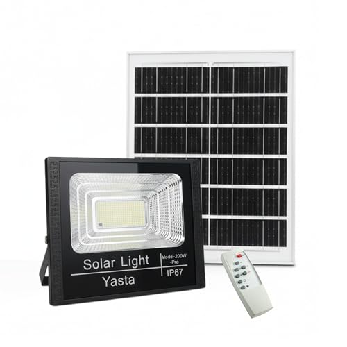 YASTA Faretto LED da Esterno Solare 200W PRO Faro LED SMD Alta Luminosità con Pannello Solare Sensore Crepuscolare e Telecomando IP65 Luce Fredda 6500K Indicatore di Carica Giardino Garage Cortile