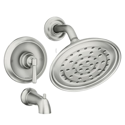 Moen Halle Spot Resist Brushed Nickel Tub and Shower Trim Kit Featuring Showerhead, Lever Handle, and Tub Spout with Posi-Temp Valve Included, 82970SRN