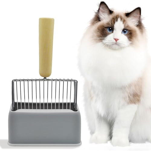 MUYG Metal Cat Litter Scooper with Holder,Stainless Steel Litter Scooper with Holder Heavy-Duty Cat Scoop Non-Stick Kitten Poop Deep Shovel for Kitty Box (Grey)