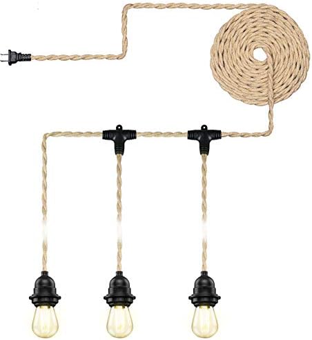Industrial Triple Ceiling Pendant Light,Vintage Weatherproof Hanging Light Kit Fixture with Plug in Hemp Rope Cord,DIY Outdoor Fireproof Chandelier for garden, backyard,Living Room (UL Listed,E26)