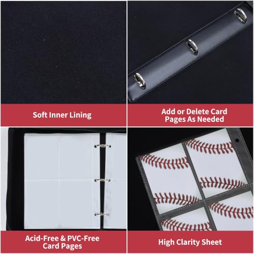 Image of 4 Pocket Baseball Card Binder with Zipper, Holds 400 Cards | 50 Removable Acid-Free & PVC-Free Card Pages, Durable PU Leather Cover for Long-Term Card Storage and Protection