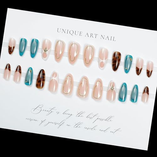 24 Pcs Almond Press on Nails Medium Length Fake Nails with Glue French Tip False Nails with Leopard Pattern Design Artificial Acrylic Nails Press ons Reusable Almond Nails Glue on Nails for Women - Image 6