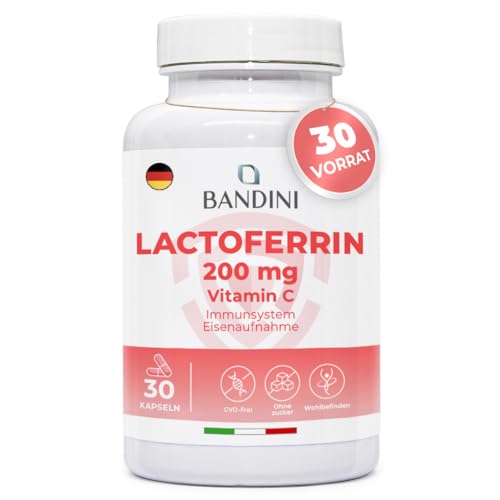 Bandini® Lactoferrin - 200mg Laktoferrin + 60mg Vitamin C je Tagesdosis (1 Kapsel) - Für Eisenaufnahme & Immunsystem | Kolostrum-Bestandteil - Hochdosiert, laborgeprüft, GVO-frei - 30 Kapseln