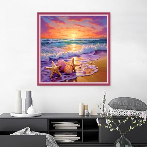 Image of Joyhoor Cross Stitch Kits for Beginners Stamped Cross-Stitch Supplies Needlework preprint Embroidery Kits for Adults DIY Needlepoint Kits Embroidery Patterns 11CT-Sunrise on the Beach 18.x18 inch