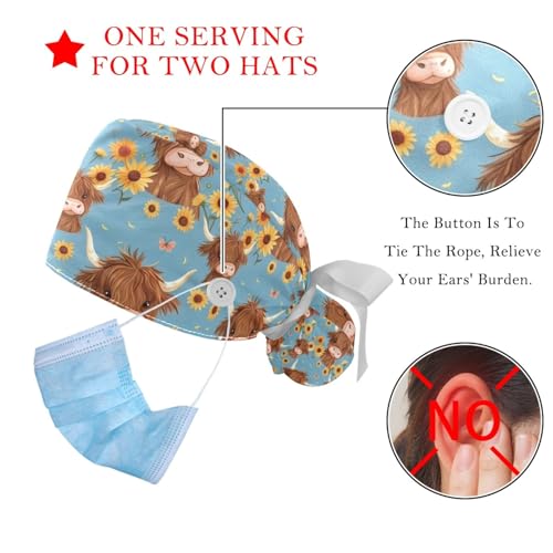 Image of 2 PCS Bouffant Cap with Button Ponytail Pouch Working Cap Sweatband Adjustable Surgical Cap Black and White Cow
