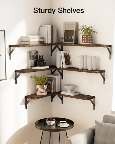 Image of AMADA HOMEFURNISHING Long Wall Shelves, Rustic Farmhouse Style, Wood Floating Shelves for Wall Decor, Bathroom & Bedroom Storage, Living Room Book Shelves, Brown - 6pcs