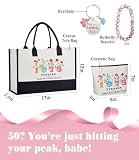 ELESTONE 50th Birthday Gifts for Her Canvas Tote Bag, Unique 50th Birthday Gifts for Women Born in 1975, Vintage 50 Year Old Handbag & Cosmetic Bag for Women Mom Sister Friend Wife