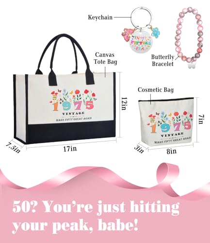 ELESTONE 50th Birthday Gifts for Her Canvas Tote Bag, Unique 50th Birthday Gifts for Women Born in 1975, Vintage 50 Year Old Handbag & Cosmetic Bag for Women Mom Sister Friend Wife