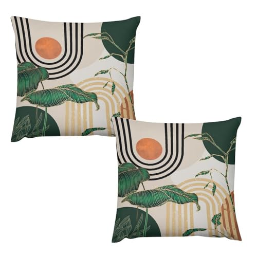 Mid Century Throw Pillow Covers,Abstract Boho Retro Tropical Palm Tree Sun Modern Geometric Plush Cushion Cases Bedroom Sofa Recliner Car Chair Living Room Couch Set of 2, 18x18in