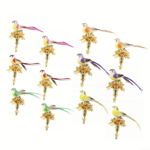 FUANA Pájaros de plumas de espuma coloridos para adorno de boda, decoración del hogar, juego de 12 pájaros de imitación