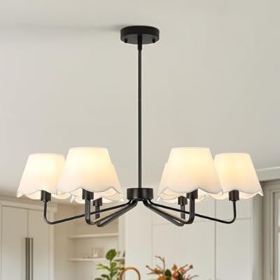 Haipinlier 6-Light Black Farmhouse Chandelier with White Fabric Shade, Black Light Fixture for Dining Room Kitchen Island Living Room Entryway.E12.