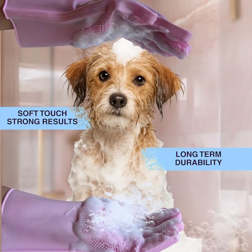 Image of Grooming Gloves for Cats & Dogs - Pet Hair Removal Glove, Silicone Brush for Dog or Cat Washing, Puppy Bath Supplies for Shedding Cleaning Bathing & Massage, Fur Remover Mitt, Shower Shampoo Scrub