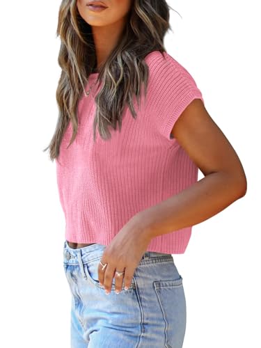 Image of LCXWFE Womens Summer Cropped Sweater Vest Trendy Cap Sleeve Crop Tops Crew Neck Loose Knit Tank Top